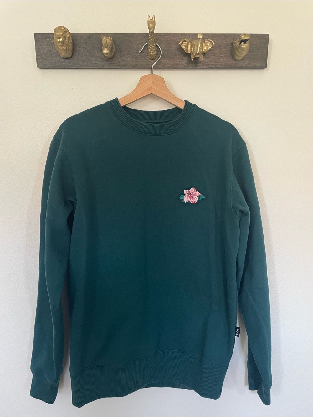 Bad Birdie Dark Green Crewneck with Pink Floral Patch